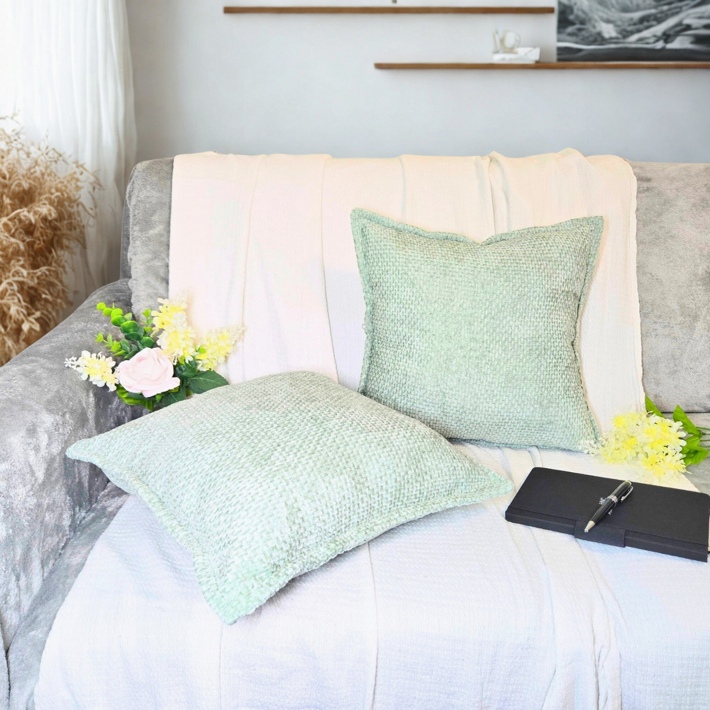 FSJfam Textured Chenille Set of 2 Light Green Throw Pillow Covers Pillowcases for Living room and Bedroom Decor