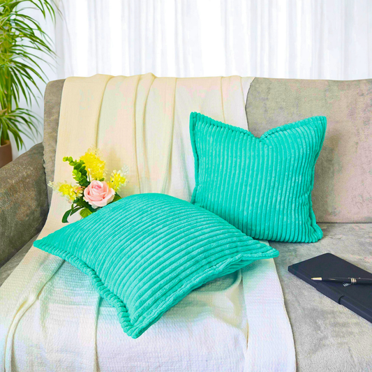 FSJfam Corduroy Throw Pillow Covers Turquoise Set of 2 Strpied Cushion Covers For Sofa Bed Livingroom Decor