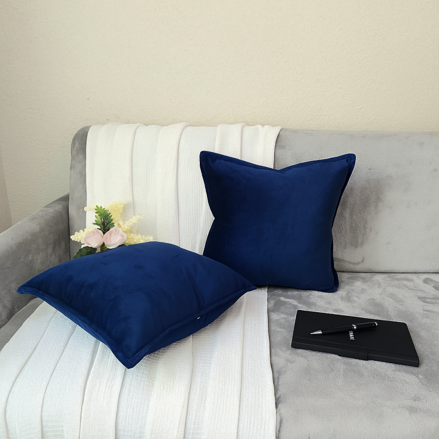 FSJfam Set Of 2 Blue Velvet Throw Pillow Covers – Soft, Modern Home Decor
