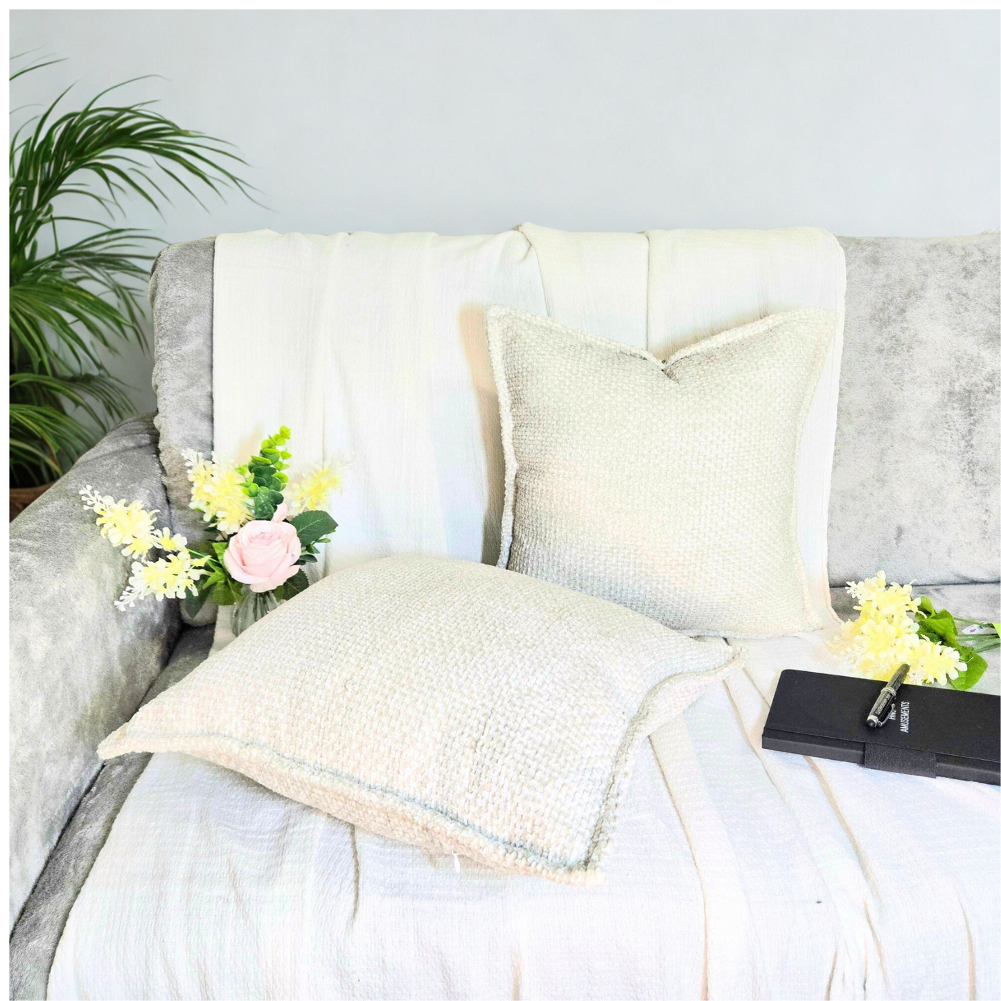 FSJfam Textured Chenille Set of 2 White Throw Pillow Covers - Pillowcase for Bedroom and Livingroom Decor