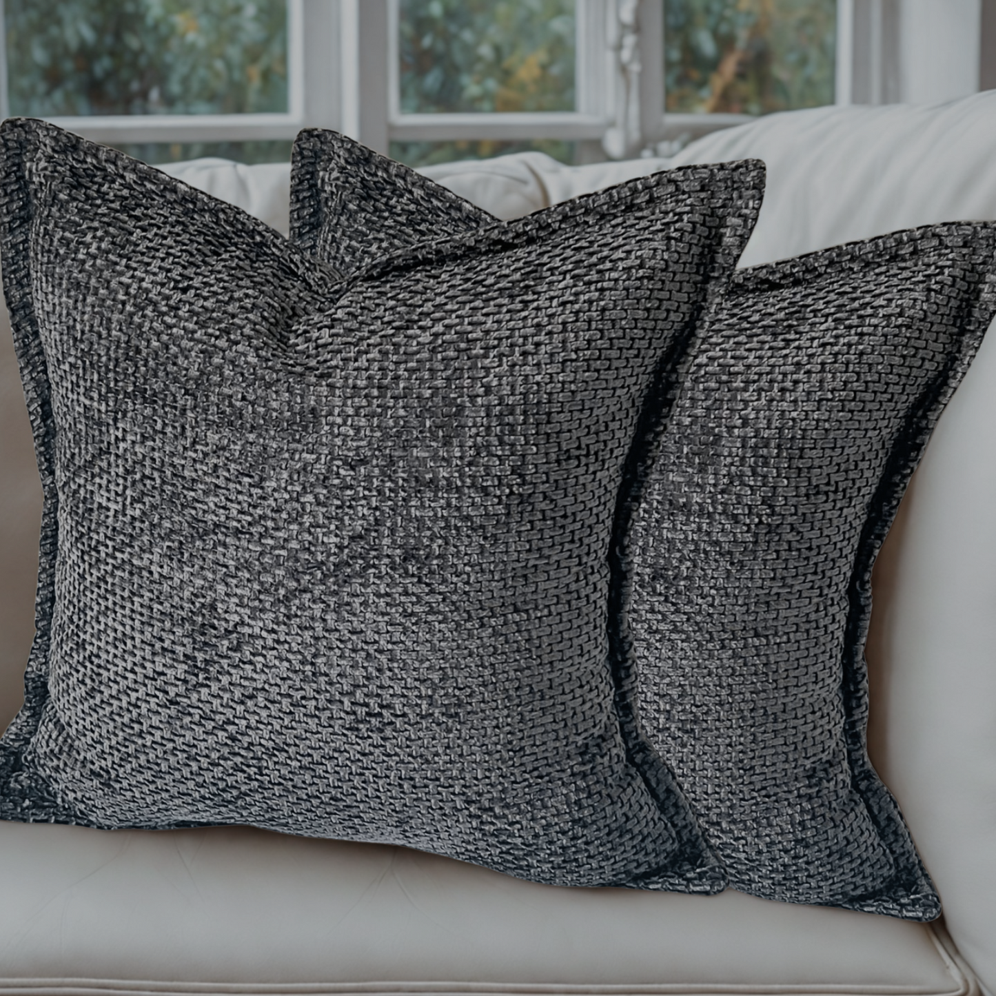 FSJfam Textured Chenille Set of 2 Charcoal Black Throw Pillow Covers Pillowcases for Livingroom and Bedroom Decor
