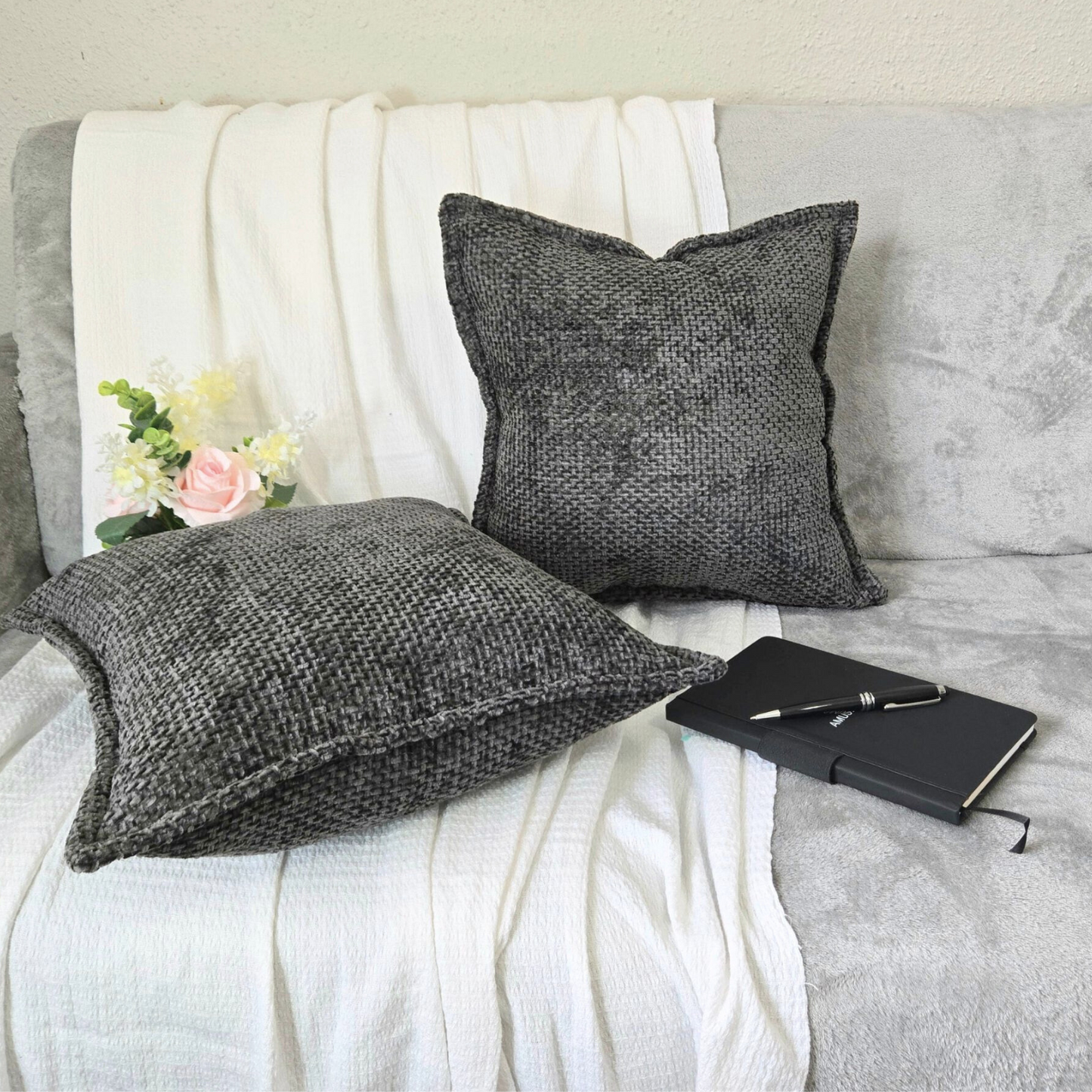 FSJfam Textured Chenille Set of 2 Charcoal Black Throw Pillow Covers Pillowcases for Livingroom and Bedroom Decor