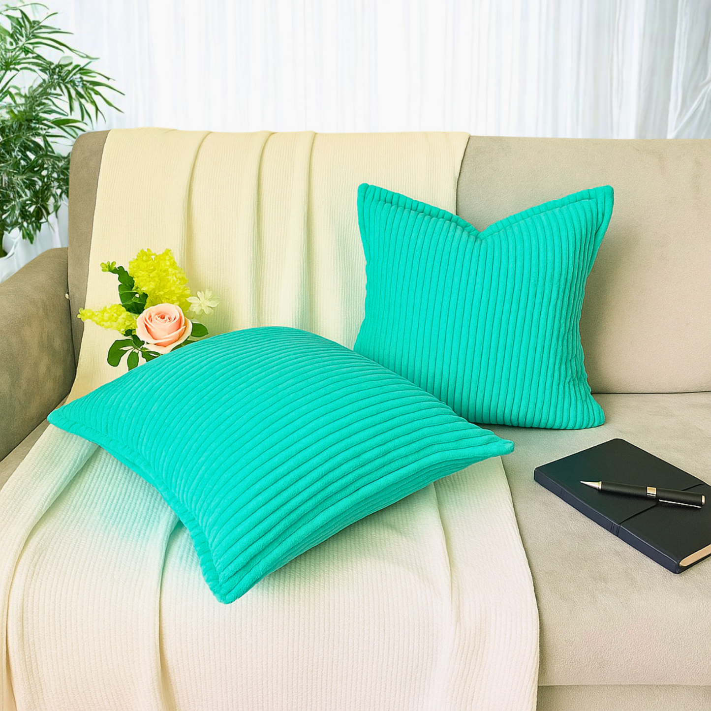 FSJfam Corduroy Throw Pillowcase Set of 2 16x16 Soft Decorative Cushion Covers for Sofa