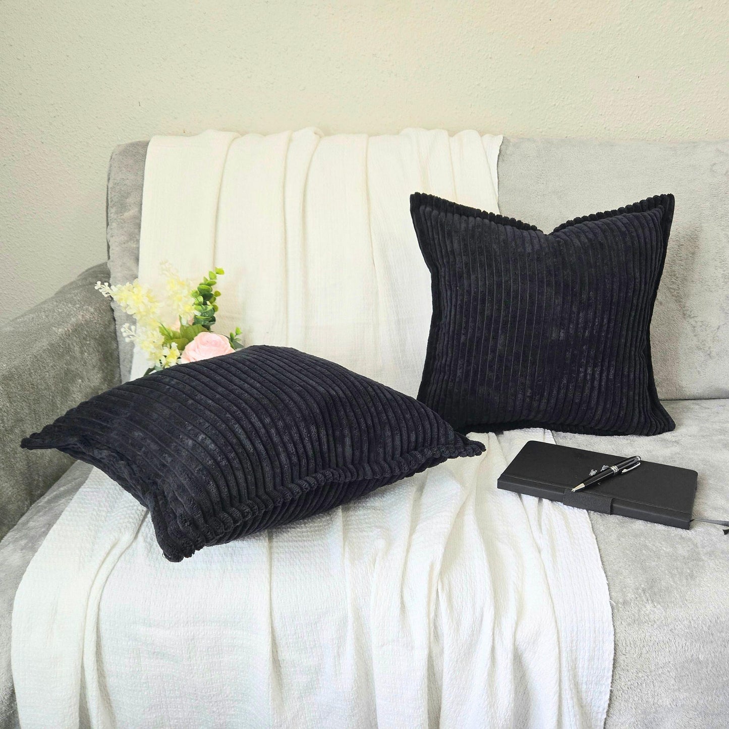 Corduroy Black Throw Pillow Covers – Set of 2