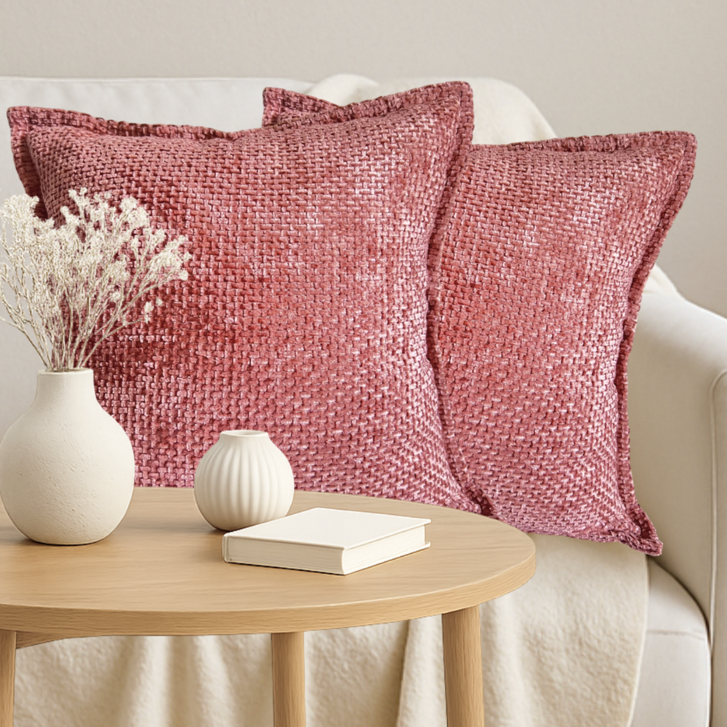 Chenille Blush Orange Throw Pillow Covers – Set of 2 Pillowcases for Bedroom and Living room Decor