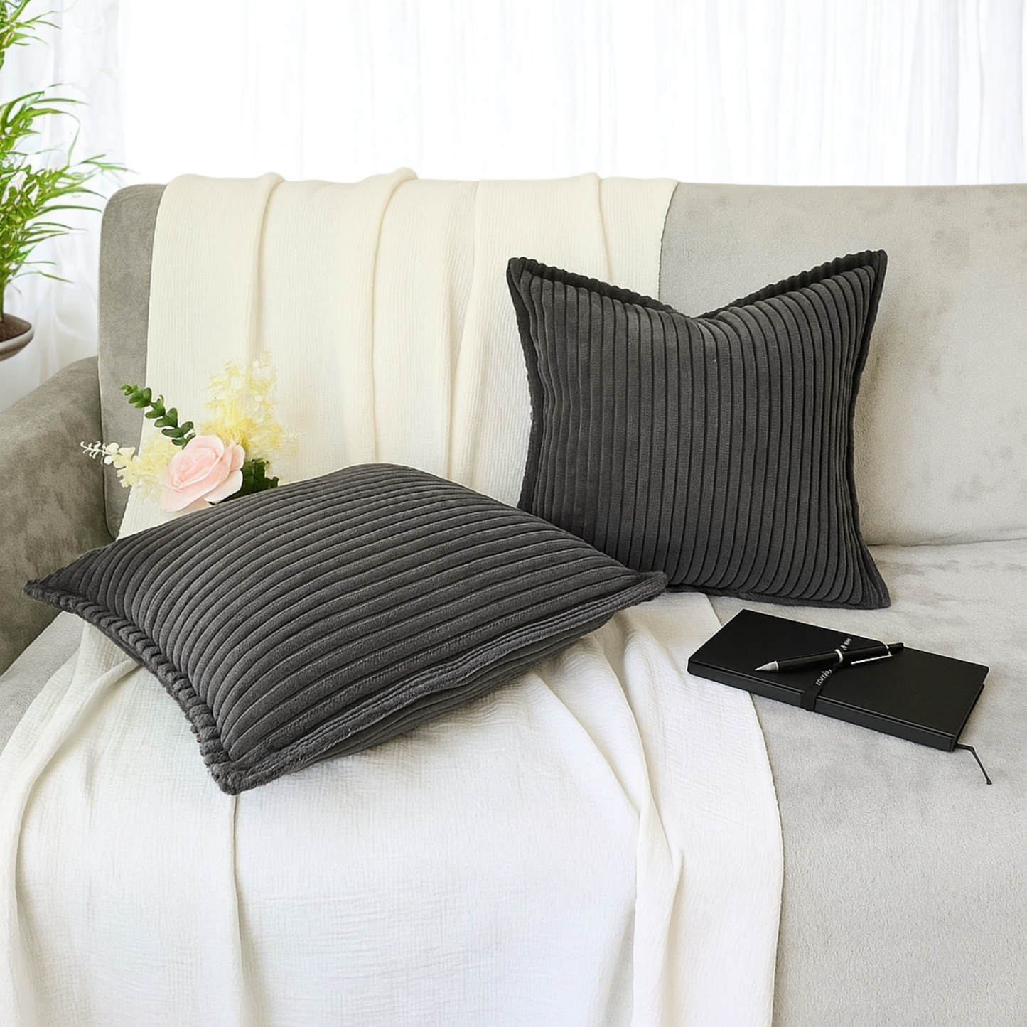 FSJfam Corduroy Throw Pillowcase Set of 2 16x16 Soft Decorative Cushion Covers for Sofa