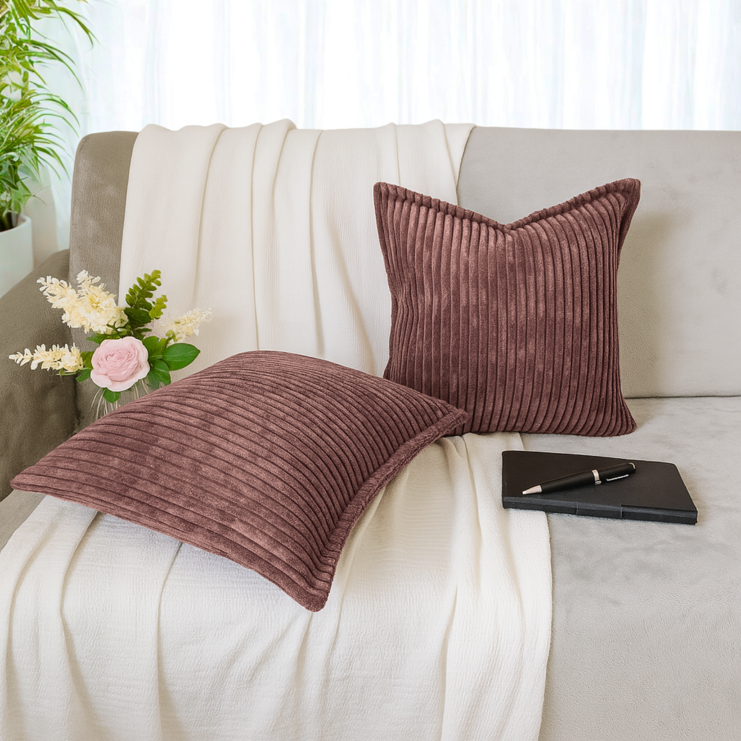 FSJfam Corduroy Throw Pillowcase Set of 2 16x16 Soft Decorative Cushion Covers for Sofa