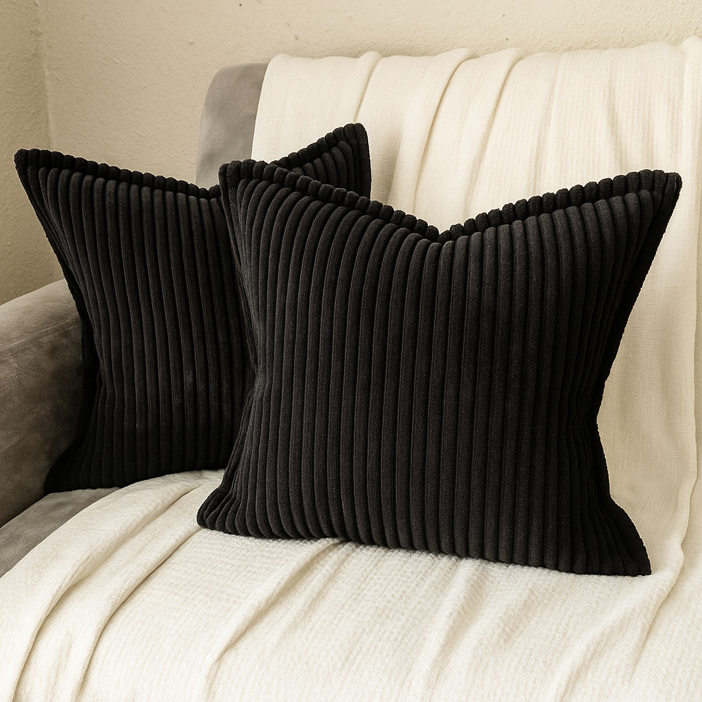 Corduroy Black Throw Pillow Covers – Set of 2