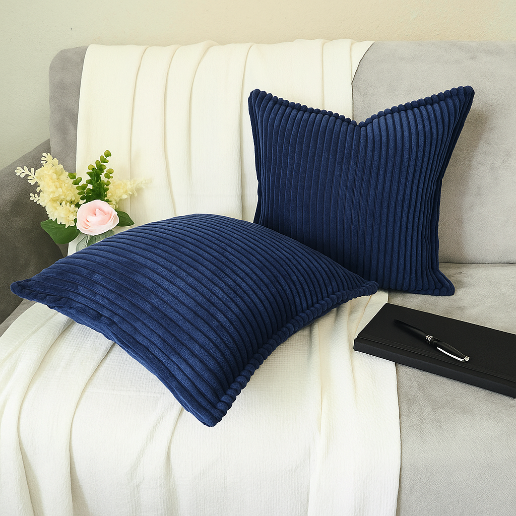 Corduroy Navy Blue Throw Pillow Covers – Set of 2