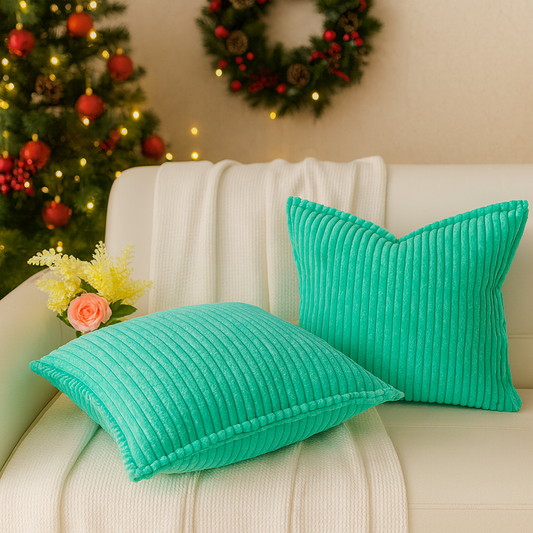 FSJfam Corduroy Throw Pillow Covers Turquoise Set of 2 Strpied Cushion Covers For Sofa Bed Livingroom Decor